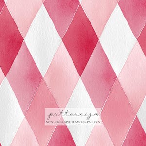 May include: Watercolor harlequin pattern in shades of pink and white. The design features diamond shapes in varying tones of pink, from deep rose to light blush, with white diamonds interspersed. The text "patternizm" and "NON-EXCLUSIVE SEAMLESS PATTERN" are in the center.