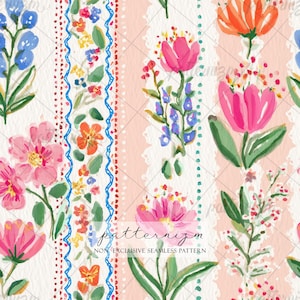 Aquarell Blumenstreifen, nahtloses Muster – Malerische Vintage-Blumen mit Spitzenbesatz, Cottagecore Digitales Papier für Stoffe & zum Basteln