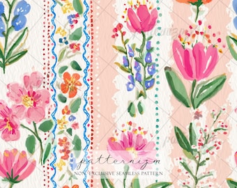 Watercolor Floral Stripe Seamless Pattern – Painterly Vintage Flowers with Lace Trim, Cottagecore Digital Paper for Fabric & Crafts