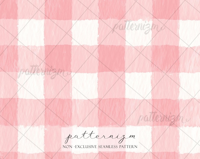 Pink Watercolor Gingham Seamless Pattern, Soft Checkered Pastel Design, Cottagecore Fabric Print, Vintage Picnic Plaid Background