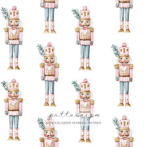 Könnte beinhalten: Nahtloses Aquarellmuster mit mehreren Spielzeug-Nussknackern. Die Nussknacker stehen aufrecht, mit rosa und goldenen Akzenten, gestreiften Hosen und einem Zweig Grün. Der Text "patternizm NON-EXCLUSIVE SEAMLESS PATTERN" ist sichtbar.