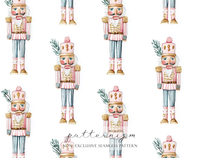 Pink Nutcracker Digital Paper – Seamless Watercolor Christmas Soldiers with Stripes for Holiday Crafts, Wrapping & Kids Decor