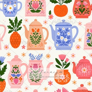 Folk Art Teapot Seamless Pattern Digital Download – Floral Kitchen Pottery Design, Scandinavian Cottagecore Fabric