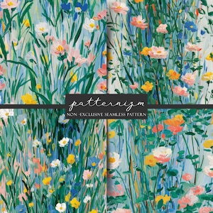 Könnte beinhalten: Ein lebendiges Blumenmuster im malerischen Stil. Das Design zeigt eine Mischung aus bunten Blumen in Rosa-, Gelb-, Weiß- und Blautönen, vor einem Hintergrund aus grünem Laub. Der Text "patternizm NON-EXCLUSIVE SEAMLESS PATTERN" ist sichtbar.