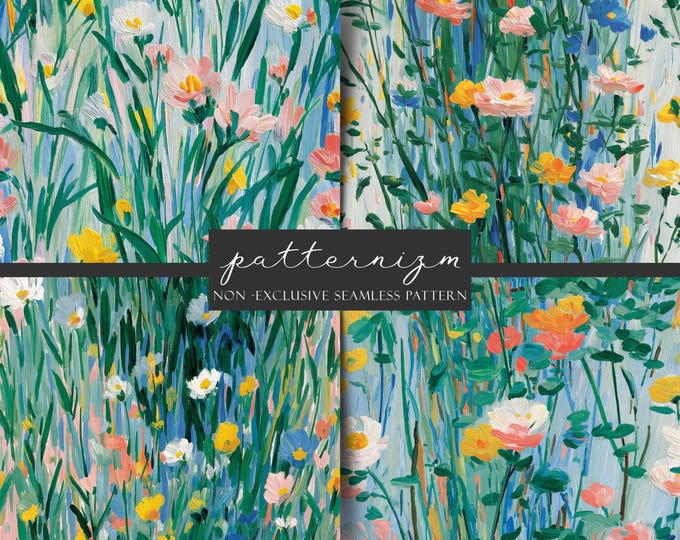 Seamless Watercolor Floral Pattern Bundle Digital Download – 4 Designs, Painterly Wildflower Repeat Set, Cottagecore Fabric