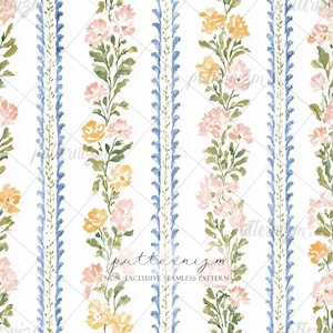 Blaue Blumenstreifen-nahtlose Muster - Aquarell weiße Blüten-vertikale Bordüre-Wiederholung, klassischer adretter Stoffdruck