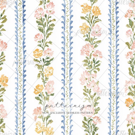 Blue Floral Stripe Seamless Pattern – Watercolor White Blossoms Vertical Border Repeat, Classic Preppy Fabric Print