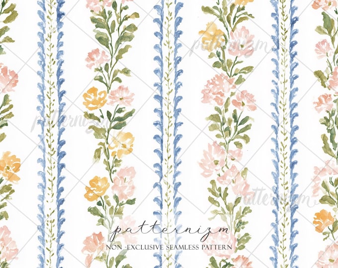 Blue Floral Stripe Seamless Pattern – Watercolor White Blossoms Vertical Border Repeat, Classic Preppy Fabric Print