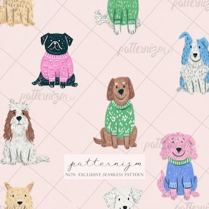 May include: Seamless pattern featuring various dog breeds wearing sweaters in shades of pink, blue, green, and brown. The background is a light pink with a grid pattern. The text "patternizm" is visible.