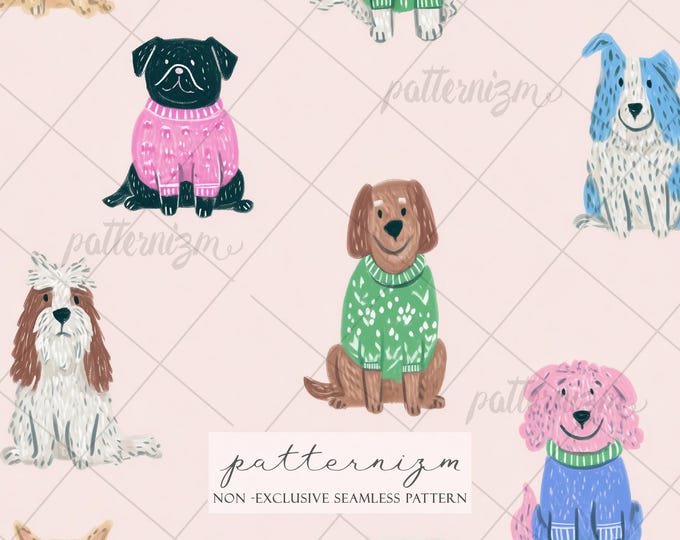 Cute Dogs in Sweaters Seamless Pattern Digital Download – Cozy Puppy Illustration, Winter Pet Print, Whimsical Dog Design for Fabric