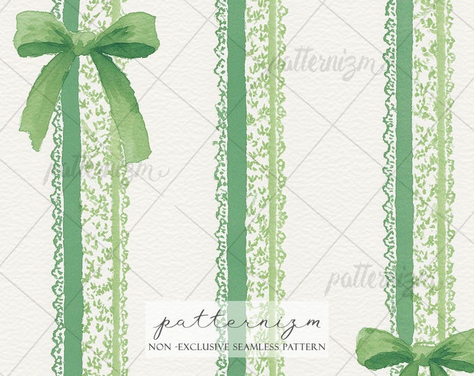 Seamless St. Patrick’s Day Green Ribbon Pattern – Coquette Aesthetic Bow Design, Watercolor Lucky Green Stripe, Irish Holiday Fabric Print