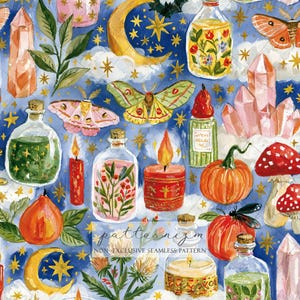 May include: A seamless pattern featuring a dark blue background with yellow crescent moons, gold stars, white clouds, pink and green moths, glass potion bottles with plants, red candles, orange pumpkins, red mushrooms, and pink crystals.
