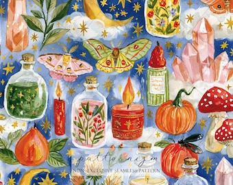 Seamless Witch Potion Pattern Digital Download – Halloween Crystal & Moth Design, Mystical Moon Print, Whimsical Fabric for Kids Crafts