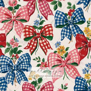 May include: A seamless pattern featuring repeating bows in red, pink, and blue gingham check prints, interspersed with small clusters of colorful flowers and green leaves on a light cream background. The text patternizm non-exclusive seamless pattern is visible.