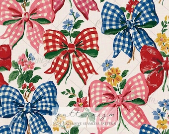 Coquette Bow Seamless Pattern Digital Download – Gingham Ribbon & Floral Cottagecore Fabric Print