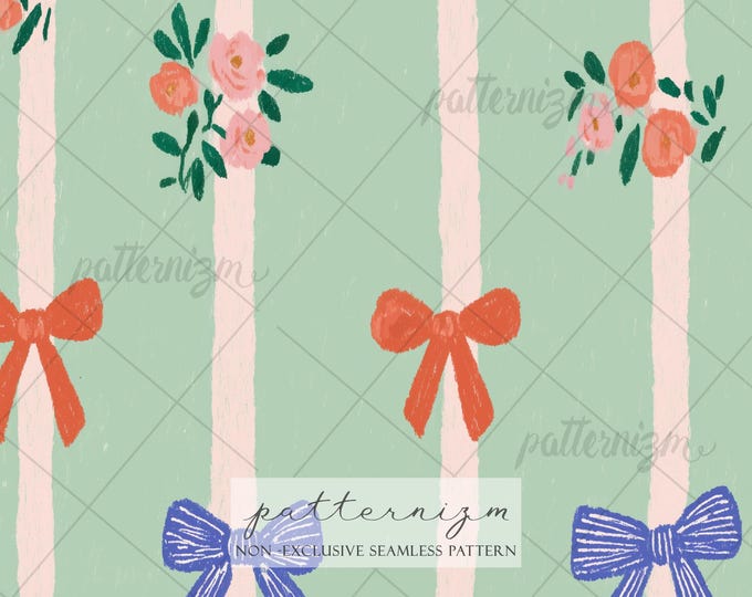 Seamless Coquette Bow Stripe Pattern Digital Download – Pastel Floral Ribbon Print, Girly Cottagecore Fabric & Preppy Decor