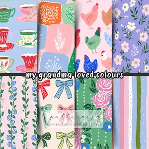 Könnte beinhalten: Eine Sammlung farbenfroher nahtloser Muster mit Teetassen, floralen Designs, Hühnern, Schleifen und Streifen. Der Text "my grandma loved.colours" und "patternizm" ist ebenfalls sichtbar.