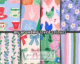 Colorful Grandmacore Seamless Pattern Pack – 24 Cozy Vintage Floral Bows Teacups Chickens Patchwork Digital Paper Set