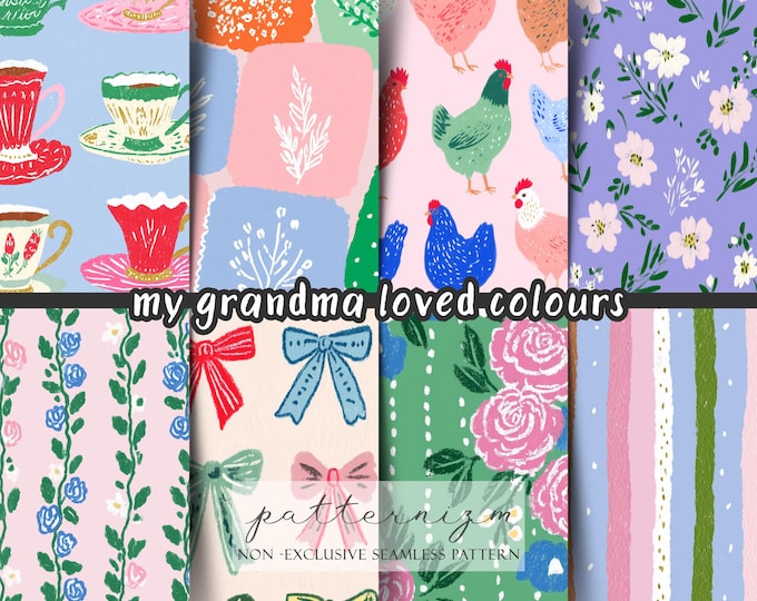 Colorful Grandmacore Seamless Pattern Pack – 24 Cozy Vintage Floral Bows Teacups Chickens Patchwork Digital Paper Set