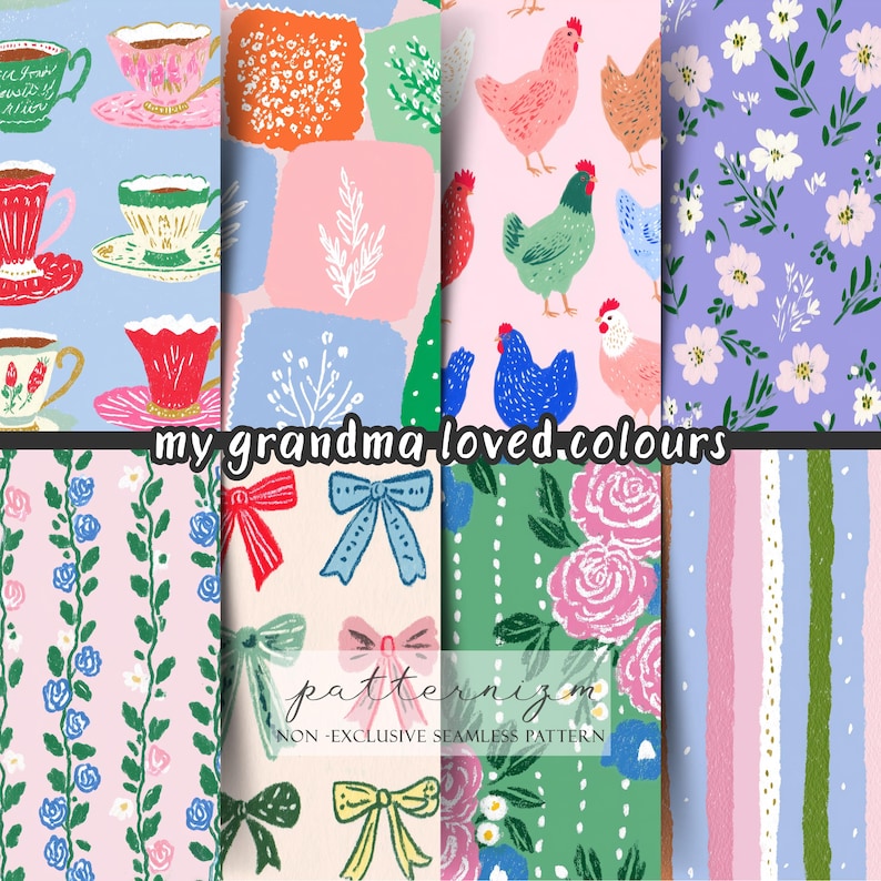 Colorful grandmacore seamless pattern bundle with 24 cozy vintage designs including florals, patchwork squares, bows, teacups, chickens, stripes and cute cottage motifs.