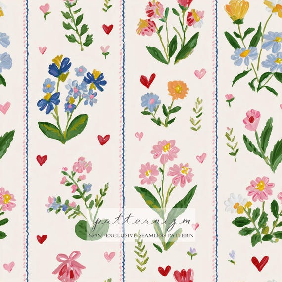 Pastel Floral Stripe Seamless Pattern – Cute Garden Flowers in Rows Digital Paper for Nursery, Stationery & Crafts