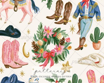 Seamless Christmas Cowboy Pattern Digital Download – Western Boot Wreath Design, Holiday Cactus Print, Whimsical Fabric for Kids Crafts
