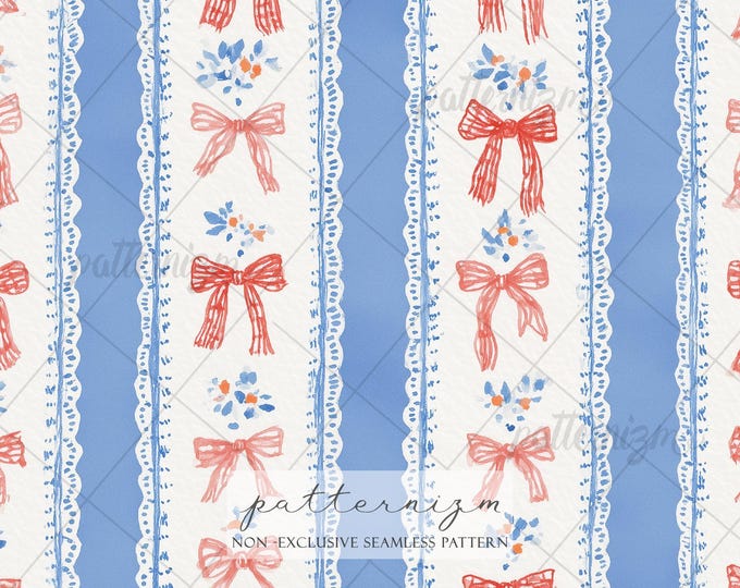 Seamless Coquette Bow Pattern Digital Download – Blue Lace Stripe Floral Ribbon Print, Vintage Nursery Fabric, Girly Repeat