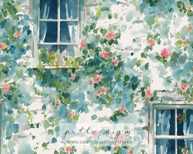 Cottage Window Seamless Pattern – Vintage House Windows with Climbing Flowers, Storybook Digital Paper