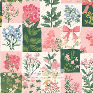 Wzór na bezszwowy kwiatowy kokardkowy patchwork do pobrania w wersji cyfrowej – Fantazyjny różowo-zielony projekt ogrodu, tkanina botaniczna do pokoju dziecięcego i rękodzieła