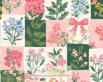 Seamless Floral Bow Patchwork Pattern Digital Download – Whimsical Pink & Green Garden Design, Botanical Fabric for Nursery and Crafts