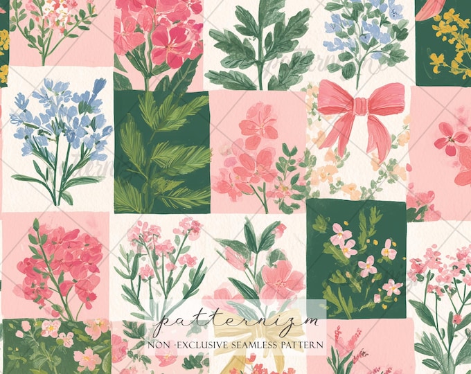 Seamless Floral Bow Patchwork Pattern Digital Download – Whimsical Pink & Green Garden Design, Botanical Fabric for Nursery and Crafts