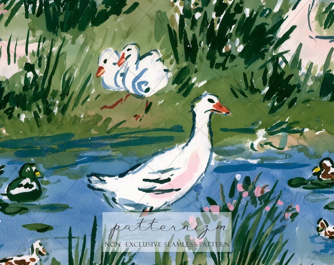 Seamless Duck Pond Pattern Digital Download – Watercolor Geese & Ducks Design, Cottagecore Lake Scene, Pastoral Nature Fabric