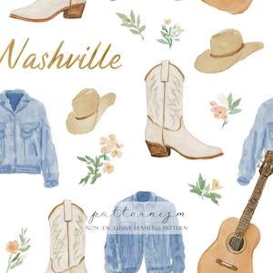 以下が含まれることがあります： カウボーイブーツ、帽子、デニムジャケット、花、ギターをあしらった水彩模様。「Nashville」の文字は金色の筆記体で書かれています。パターンには「patternizm NON - EXCLUSIVE SEAMLESS PATTERN」というテキストも含まれています。