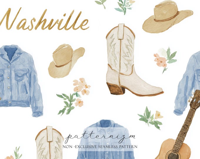 Western Seamless Pattern – Nashville Cowboy Boots Hat Guitar, Country Digital Paper
