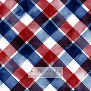 May include: Watercolor plaid pattern in red, white, and blue. The design features an angled grid of overlapping squares in varying shades of the colors. The text "patternizm" and "NON-EXCLUSIVE SEAMLESS PATTERN" are at the bottom.