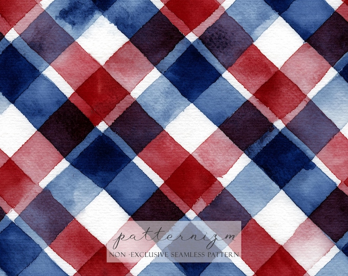 Watercolor Gingham Plaid – Red White Blue Seamless Pattern, 4th of July Patriotic Check Design for Quilting, Crafts & Fabric