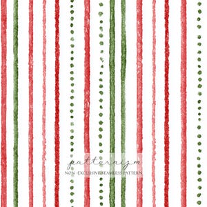 May include: Watercolor seamless pattern with vertical stripes in red and green, alternating with dotted lines. The pattern is on a white background. The text "patternizm" and "NON - EXCLUSIVE SEAMLESS PATTERN" are visible.