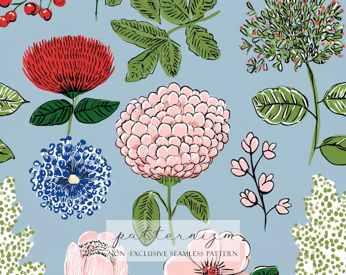 Watercolor Floral Seamless Pattern – Blue Background Botanical Flowers, Vintage Cottage Garden Spring Design for Fabric & Crafts