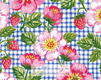 Seamless Strawberry Floral Gingham Pattern Digital Download – Pink Cottagecore Flower Print, Coquette Berry Fabric & Girly Decor