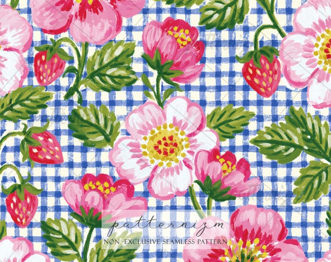 Seamless Strawberry Floral Gingham Pattern Digital Download – Pink Cottagecore Flower Print, Coquette Berry Fabric & Girly Decor