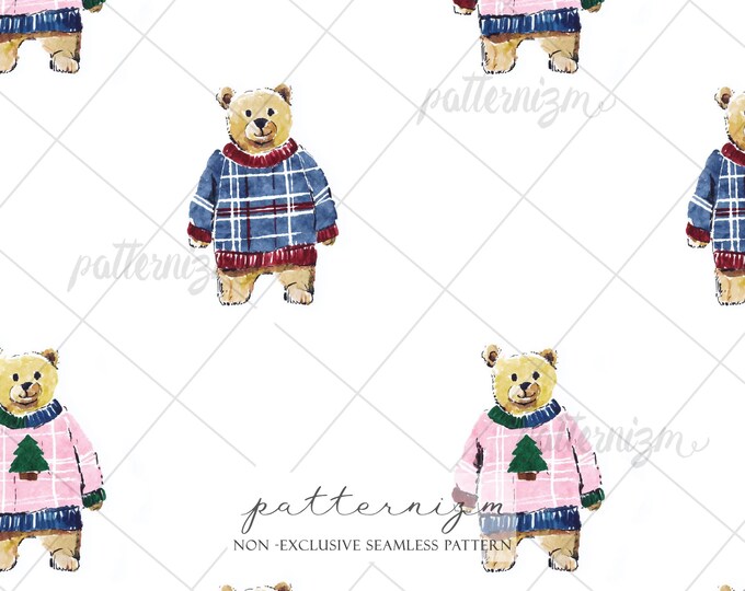 Cozy Christmas Bear Seamless Pattern Cute Teddy Sweater Winter Holiday Nursery Fabric