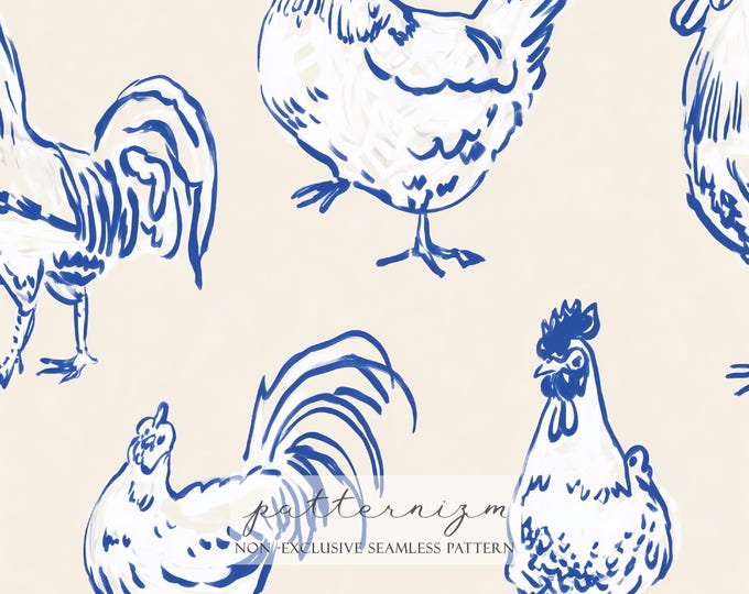 Seamless Blue Chicken Toile Pattern Digital Download – Farm Rooster Repeat, Vintage Country Fabric Design