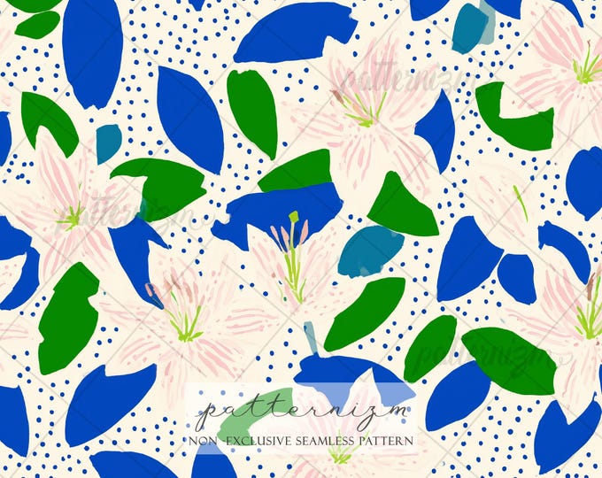 Elegant White Lily Seamless Pattern – Cottagecore Floral on Dotted Background, Summer Flower Digital Download, Delicate Botanical
