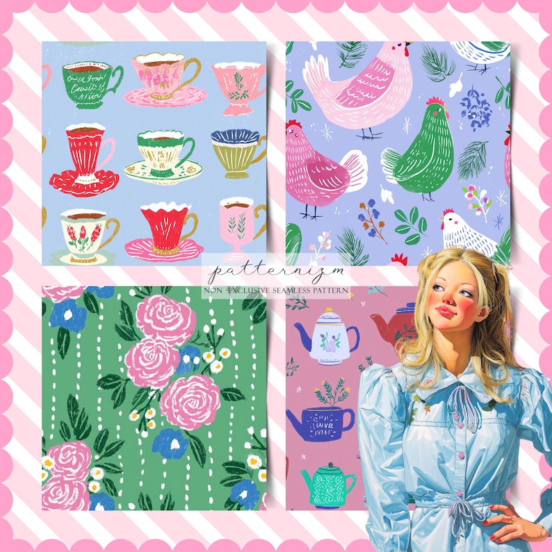 May include: Four seamless pattern designs. One features colorful teacups, another has pink and green chickens, a third showcases pink roses, and the last displays teapots. The patterns are set against various pastel backgrounds.