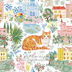 May include: A seamless pattern featuring a ginger cat lying down, surrounded by colorful illustrations of buildings, gardens, and a pond. The design includes the text "patternism" and "NON-EXCLUSIVE SEAMLESS PATTERN". The color palette includes pink, blue, yellow, and green.