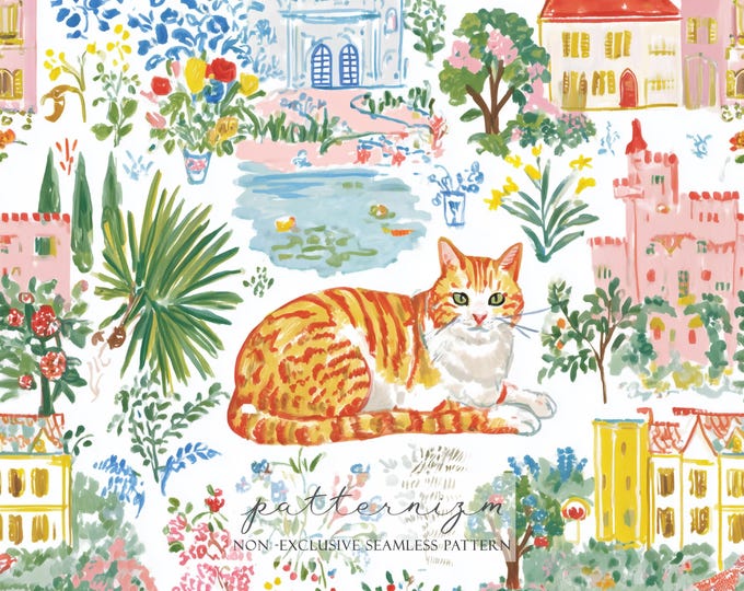 Storybook Cat Village Seamless Pattern – Digital Orange Tabby with Whimsical Garden Scenes for Kids Room, Fabric & Scrapbooking