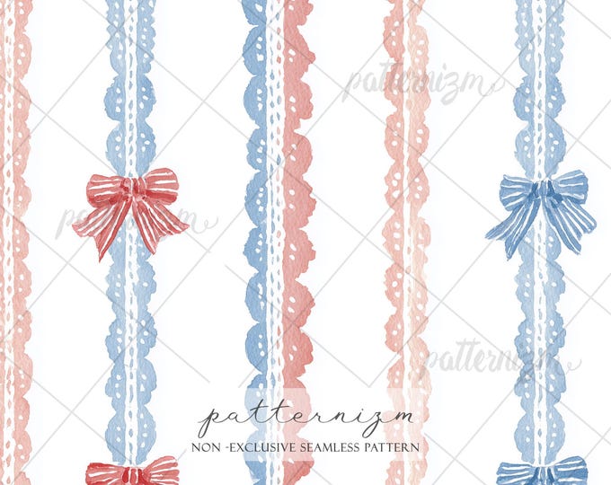 Coquette 4th of July Lace Seamless Pattern Digital Download – Patriotic Ribbon Bow Design, Red Blue Striped Print, Americana Fabric