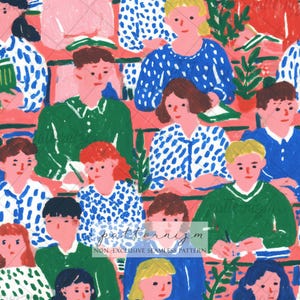 Op de afbeelding: Naadloze patroonillustratie met een menigte mensen in verschillende outfits. Het ontwerp omvat individuen in groene, blauwe en witte tops met een rode achtergrond. De tekst "patternizm" en "NON-EXCLUSIVE SEAMLESS PATTERN" zijn zichtbaar.