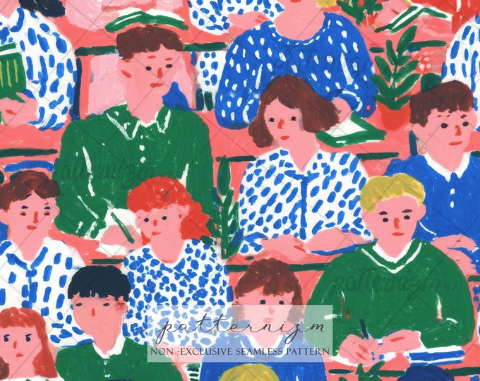 Seamless Classroom Kids Pattern Digital Download – Colorful Students Illustration, School Teacher Fabric Design