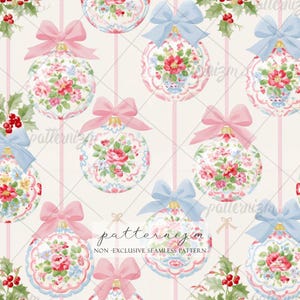 May include: A seamless pattern featuring round Christmas ornaments decorated with floral bouquets in shades of pink, red, and green. Each ornament is topped with a light blue or pink bow and hangs from a vertical pink ribbon against a cream background.
